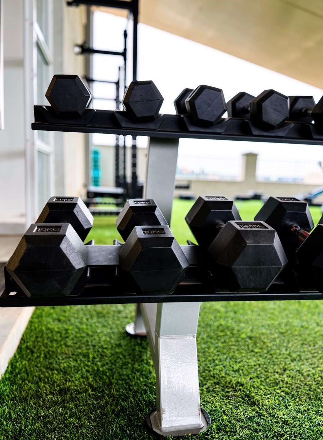 Hex dumbbell rack on the astroturf